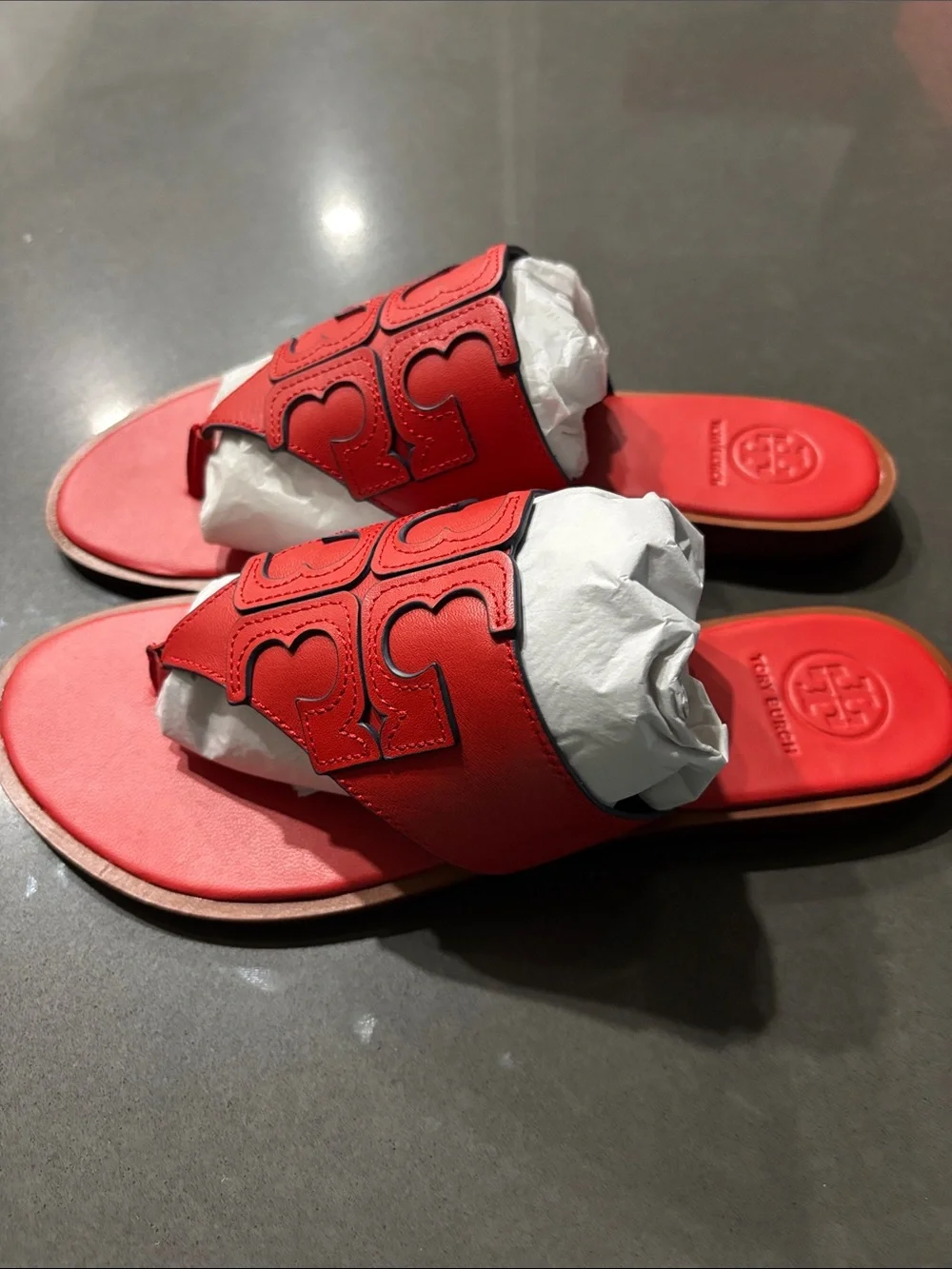 NWOT Tory Burch Red Leather Logo Thong Slide Sandals